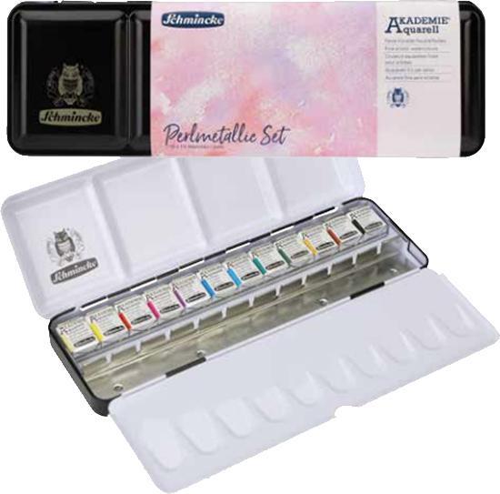Image du produit Schmincke Aquarelle Horadam boîte métallique tons nacrés (Pearl Blue, Vert perle, Rouge perle, Jaune perle, Vert perle clair, Marron perle, Perlviolet, Bleu perle clair, Rouge perle clair, Magenta nacré, Marron perle clair)