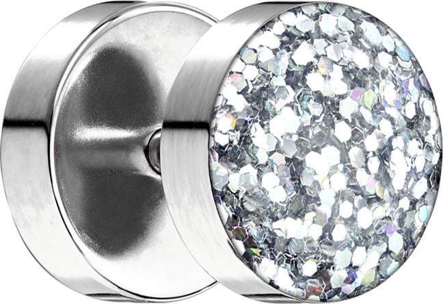 Star Piercing Fake Plug mit glitter Kuppel silber (ohne Messing, Chirurgenstahl 316L)