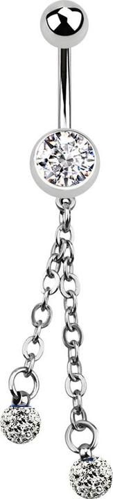 Star Piercing Banane silber mit Kette und zwei Kristallkugeln silber (Chirurgenstahl 316L, ohne Messing)