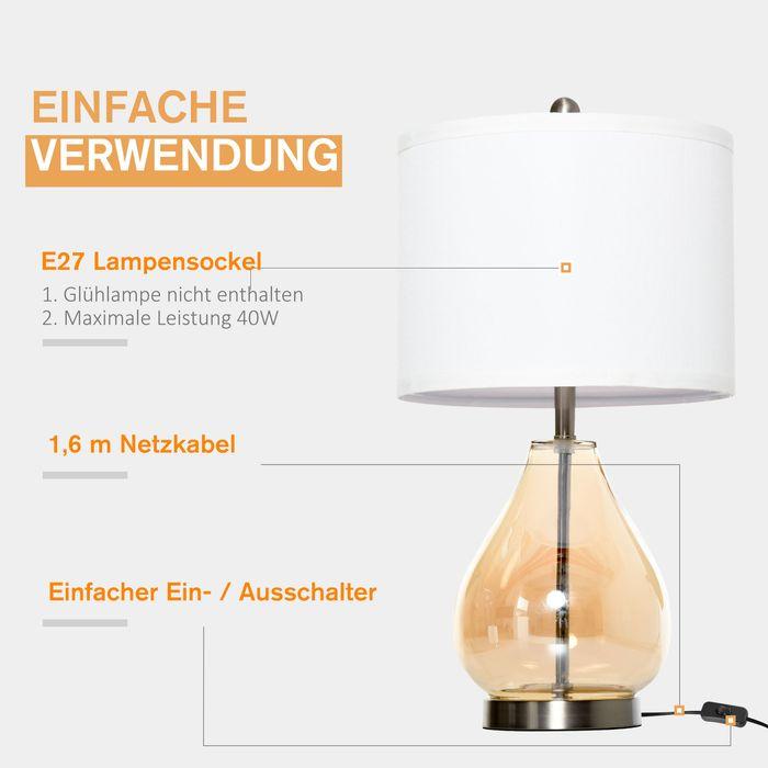Produktbild Swisshandel24 2-Set Tischlampen Tischleuchten E27-Fassung Nachttischlampe 40 W Glas Leinen Stahl Bernstein Ø30 x 5 (E27)