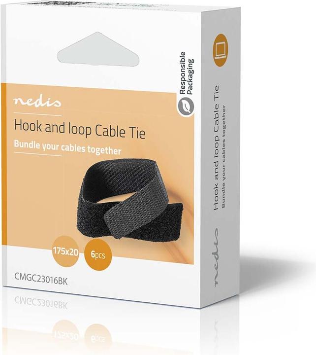 Image du produit Nedis Gestion des câbles Clip de câble Verrouillé 6 pièces Nylon Noir 175 mm Noir (Serre-câbles velcro, 175 mm, 1 pcs)