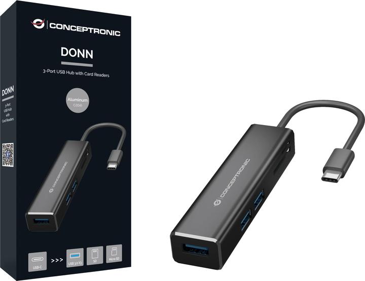 Produktbild Conceptronic DONN08B Schnittstellen-Hub USB 3.2 Gen 1 (3.1 Gen 1) Type-C 5000 Mbit/s Schwarz (USB-C, 3 Ports)