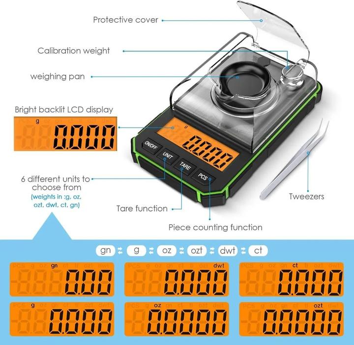 Produktbild Swissdetector Balance digitale en milligrammes - 0.001 g/50 g pour poudre - or - bijoux - Verte