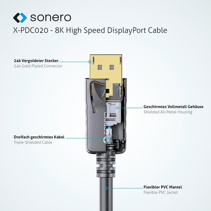 Immagine prodotto Sonero Cavo 8K Displayport 1.4 maschio <->, 8K/60Hz, 3 m (3 m, DisplayPort)