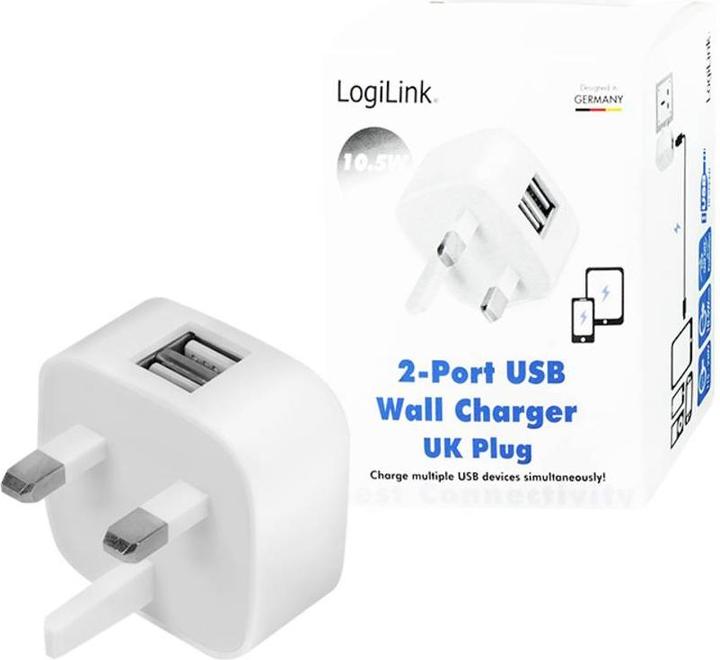 Image du produit LogiLink Adaptateur de prise USB anglais, 2x port USB, 10,5W, blanc (10.50 W)
