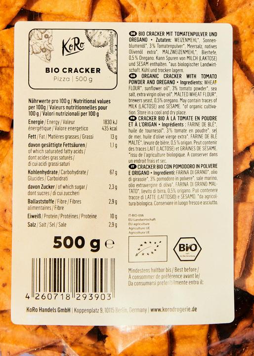 Nährwerte und Zutaten KoRo Bio Cracker mit Tomatenpulver und Oregano (500 g)