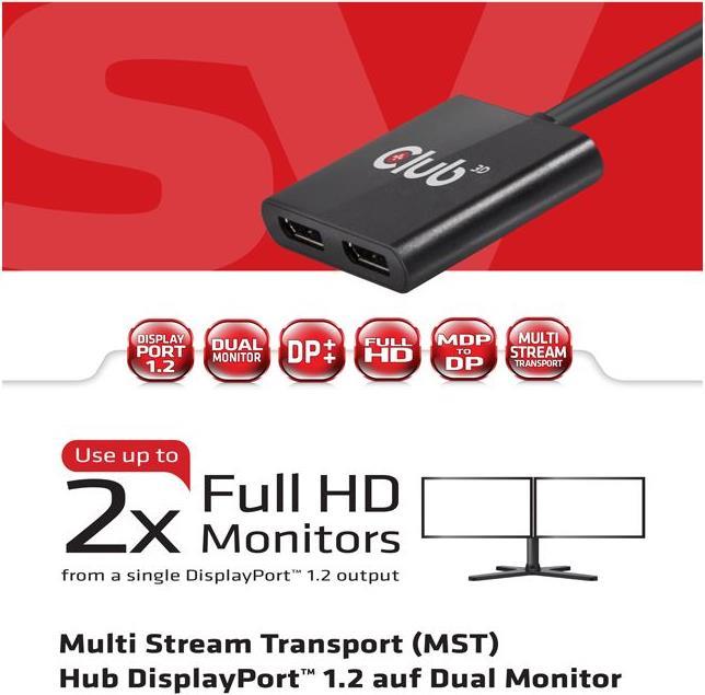 Actual product image Club 3D Multi Streaming Transport Hub 1xDP input to 2xDP output