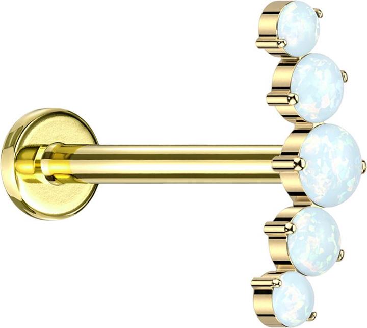 Star Piercing Micro Labret Innengewinde vergoldet gebogen silber fünf Opale weiss (ohne Messing, Titan G23)
