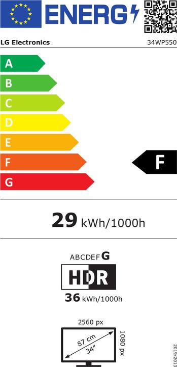 Energie-Label LG LCD ||34WP550-B|34"|21 : 9|Panel IPS|2560x1080|21:9|60Hz|Matte|5 ms|Height adjustable|Tilt|Colour (2560 x 1080 Pixel, 34")