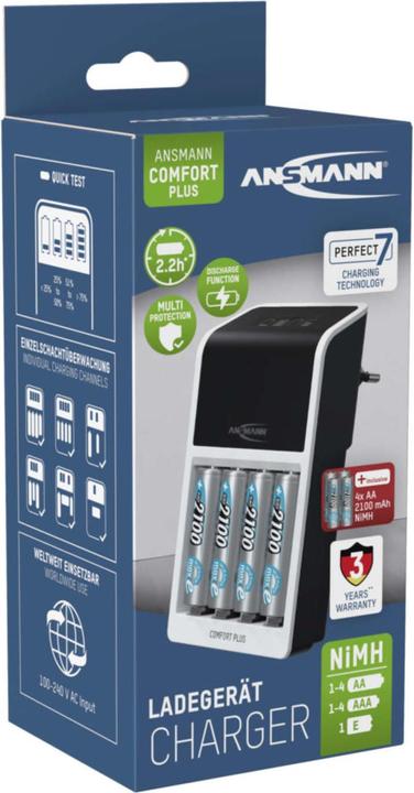Produktbild Ansmann Comfort Plus Schnell-Ladegerät für NiMH Akkus, AA oder AAA (1 Stk., AA, AAA, 2100 mAh, Ladegerät inkl. Akku)