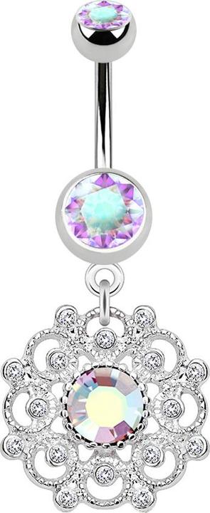 Star Piercing Banane silber mit Anhänger Filigrane Vintage Blume Kristall multicolor (Chirurgenstahl 316L, Messing)