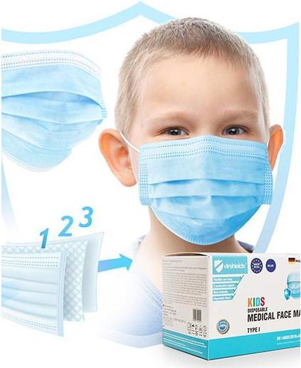 Immagine prodotto Virshields Maschera igienica medica per bambini a 3 strati di tipo I in blu (Tipo I, 50 x)