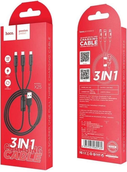 Image du produit Hoco Lightning / USB-C / MicroUSB Soarer X25 noir (1 m, USB 3.0)