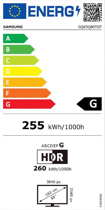 Etichetta energetica Samsung Q80T (65", QLED, 4K, 2020)