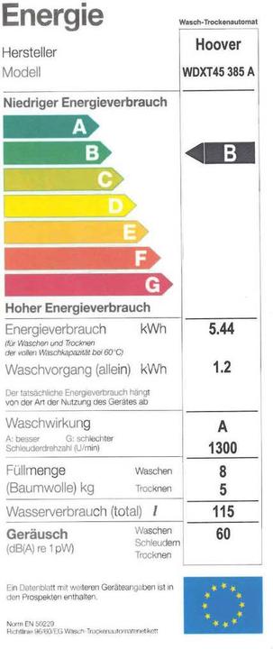 Label énergétique Hoover Wdxt45 385a-S