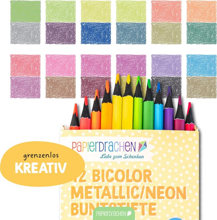 Produktbild Papierdrachen 12 Bicolor Buntstifte Metallik und Neon (Neonfarben & Metallicfarben, 12 x)
