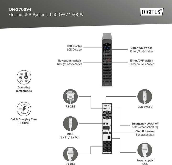 Productafbeelding Digitus OnLine UPS systeem, 1500 VA/ 1500 W (1500 VA, 1500 W, Online dubbele transformator UPS)
