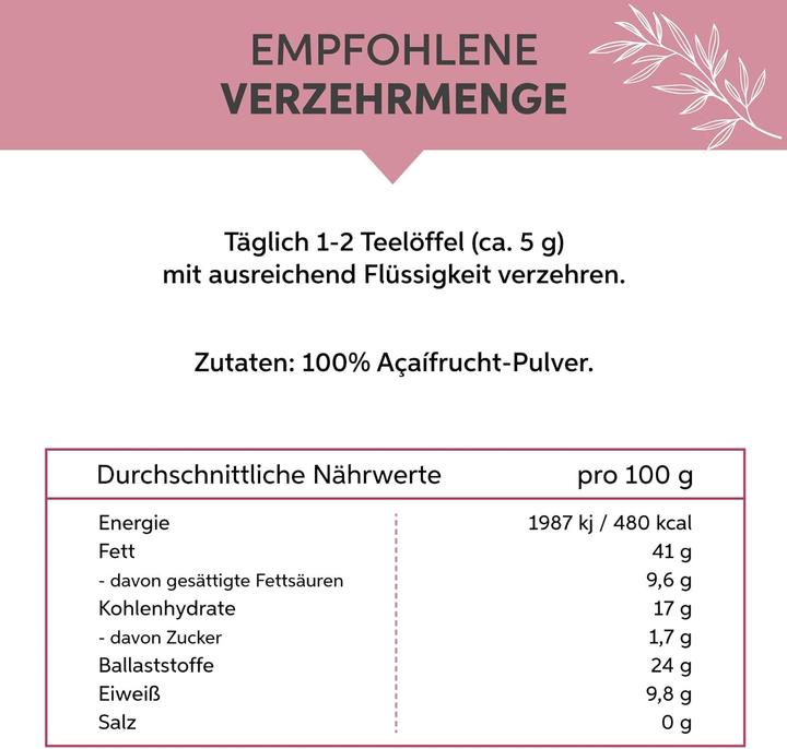 Nährwerte und Zutaten Eltabia Acai Pulver in Rohkost-Qualität | 100% rein ohne Zusatzstoffe und Vegan (Pulver, 200 g)