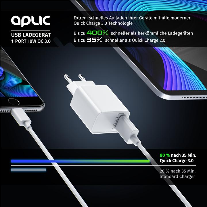 Produktbild Aplic USB Ladegerät 18W Quick Charge 3.0, Schnellladefunktion, für Smartphones, Tablets, weiss (18 W)
