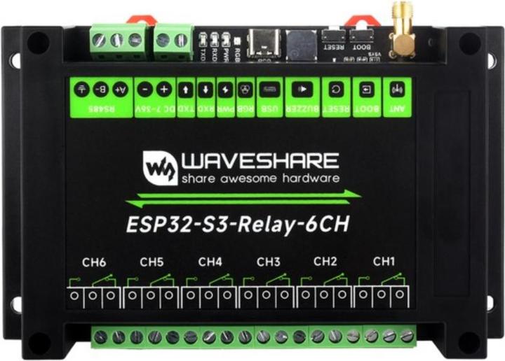 Actual product image WaveShare ESP32-S3 6-channel relay module with RS485 and pico header