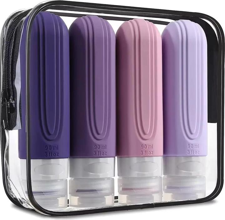 Produktbild Swissdetector 4er-Pack - Tragbare Reiseflaschen aus Silikon - wasserdicht - wiederbefüllbar - 90ml (Flüssigkeitsbeutel)