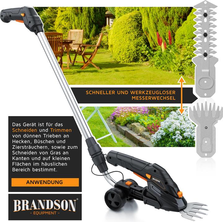 Actual product image Brandson Cordless grass shears, electric garden shrub shears, telescopic pole 90-130 cm with wheels, lawn (Cordless hedgecutters)