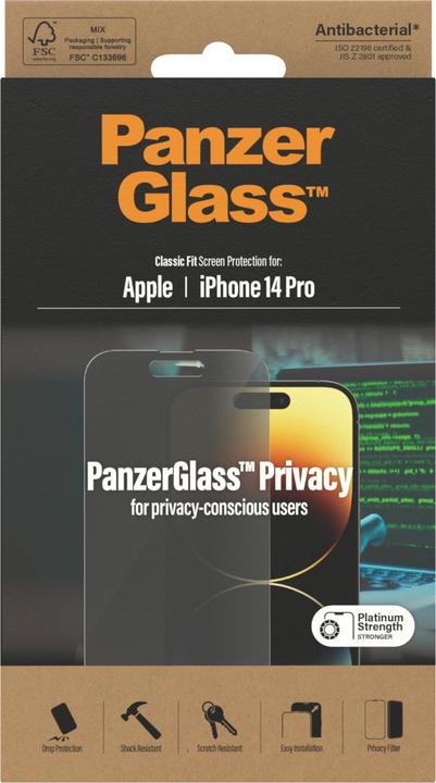 Actual product image PanzerGlass Classic Fit Privacy (1 Piece, Apple iPhone 14 Pro)