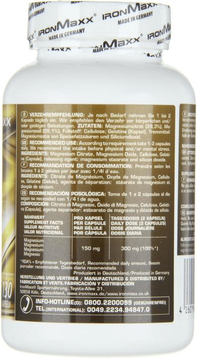 Nutritional values and ingredients IronMaxx Mg-Magnesium (130 Piece, Capsules, 500 g)
