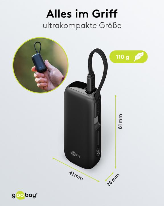 Image du produit Goobay Powerbank 5.000 mAh mit integriertem USB-C-Kabel (5000 mAh, 15 W, 15 Wh)