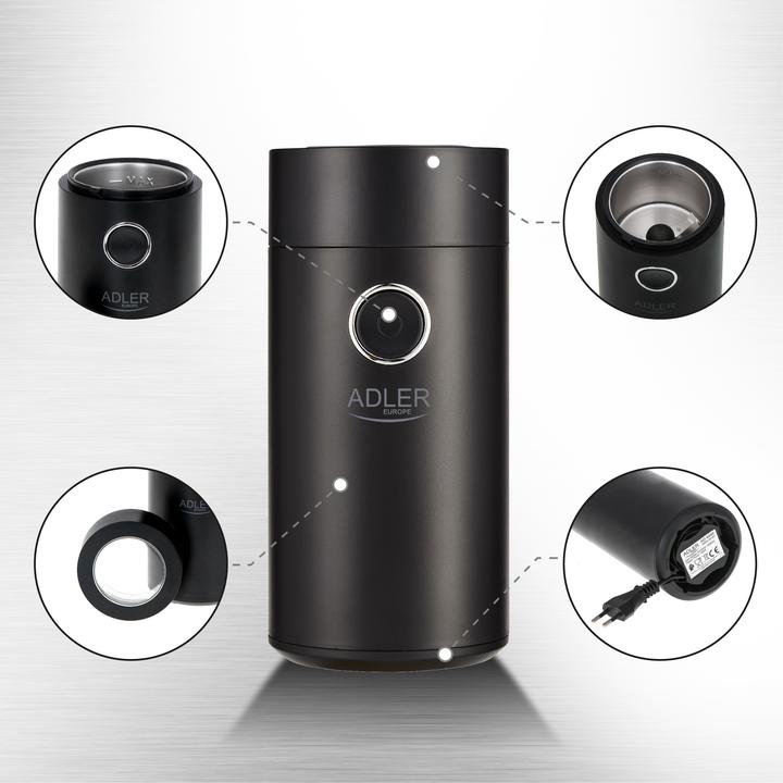 Actual product image Adler Coffee grinder AD4446bs 150 W, Coffee beans capacity 75 g, Lid safety switch, Juodas (EU plug)