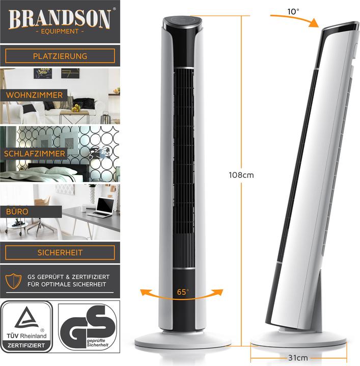 Actual product image Brandson Tower fan, remote control, 10° tiltable, oscillation, 4 modes, pedestal fan 108cm, white (52 dB)