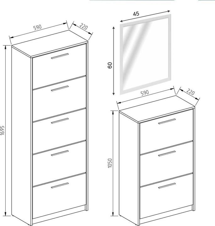 Actual product image Vicco Gizmo shoe trolley, white high gloss/white, set with mirror (45 x 60 x 2 cm, 59 x 170 x 22 cm, 59 x 105 x 22 cm)