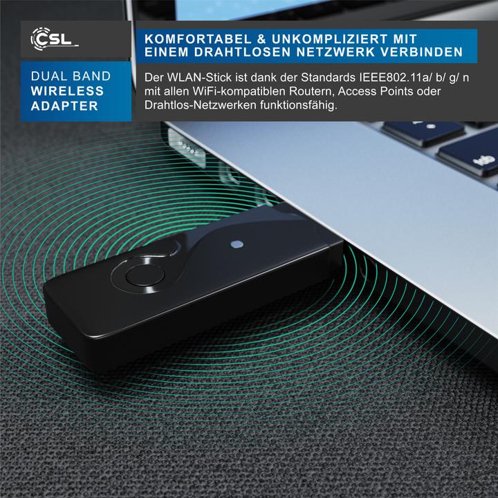 Image du produit CSL Adaptateur USB WLAN 600 MBit/s Dual Band Stick WiFi Adapter 300 Mbps 2.4GHz 300 Mbps 5GHz Windows 11 (USB 2.0)