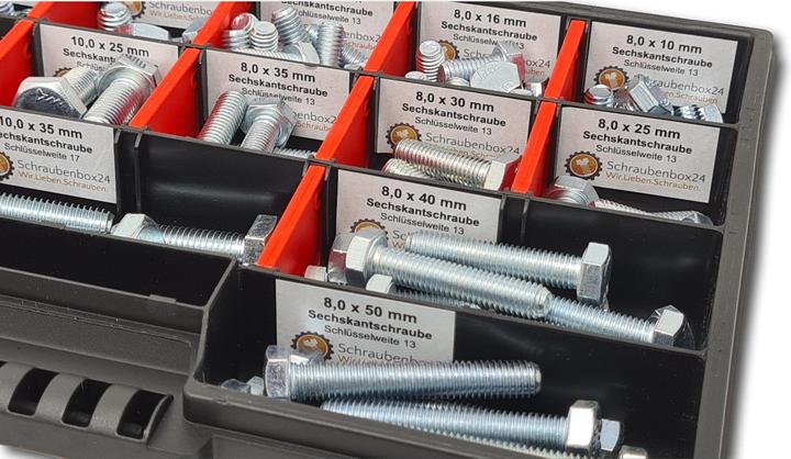 Actual product image Schraubenbox24 Hexagon bolts assortment M8-M10 // 10mm-50mm 110 pcs. Screw box DIN 933 (110 Screws per piece)