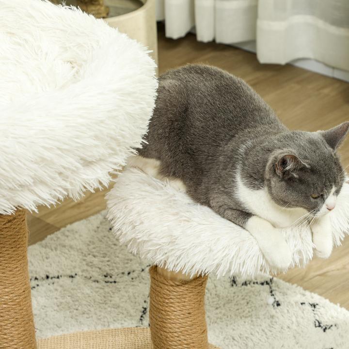 Produktbild PawHut Kratzbaum Birnbaumholz, Polyester Weiss (61.50 cm, Weiss+Naturholz)