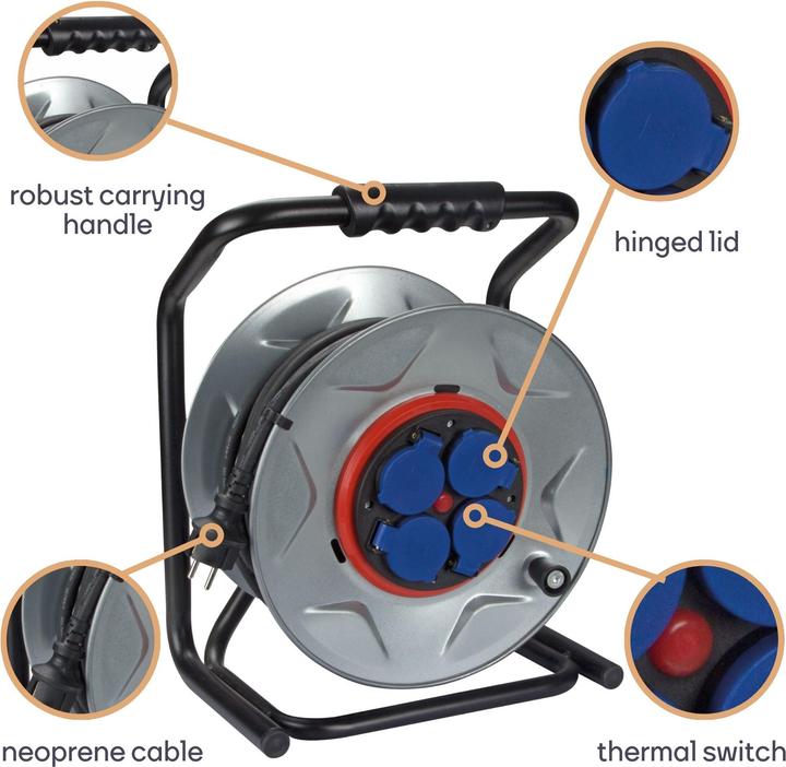 Actual product image Velleman PROFESSIONAL NEOPRENE CABLE REEL WITH ANTI-TWIST SYSTEM - 40 m - 3G2.5 - 4 SOCKETS - FRENCH SOCKET (40 m, 3 mm²)