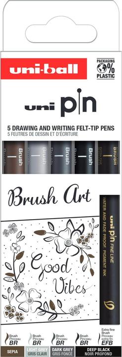 Actual product image Uni-ball Fineliner Uni Pin Brush Art/Età5 (Light grey, Black, Dark grey, Sepia, 5 x)
