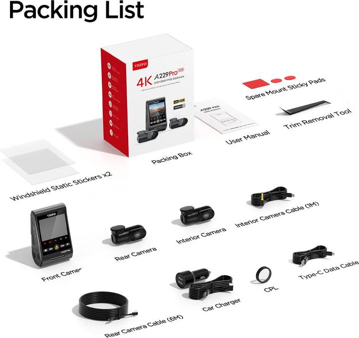 Immagine prodotto Viofo A229 Pro 3CH (WiFi, Accelerometro, Visione notturna, Ricevitore GPS, Microfono incorporato, Display integrato, 4K)