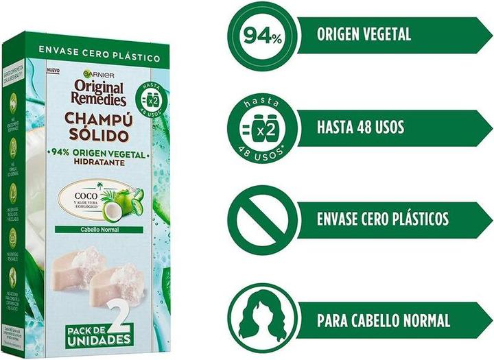Actual product image Garnier ORIGINAL REMEDIES champú sólido hidratante de coco 2 X 60 gr (Solid shampoo)
