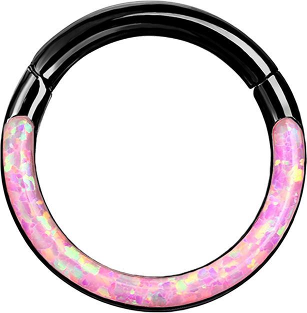 Produktbild Star Piercing Micro Segmentring klappbar schwarz front Opal streifen pink (ohne Messing, Chirurgenstahl 316L)