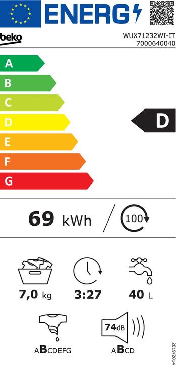 Etichetta energetica Beko WUX71232WI-IT lavatrice Libera installazione Caricamento frontale 7 kg 1200 Giri/min D Bianco (7 kg, A sinistra)