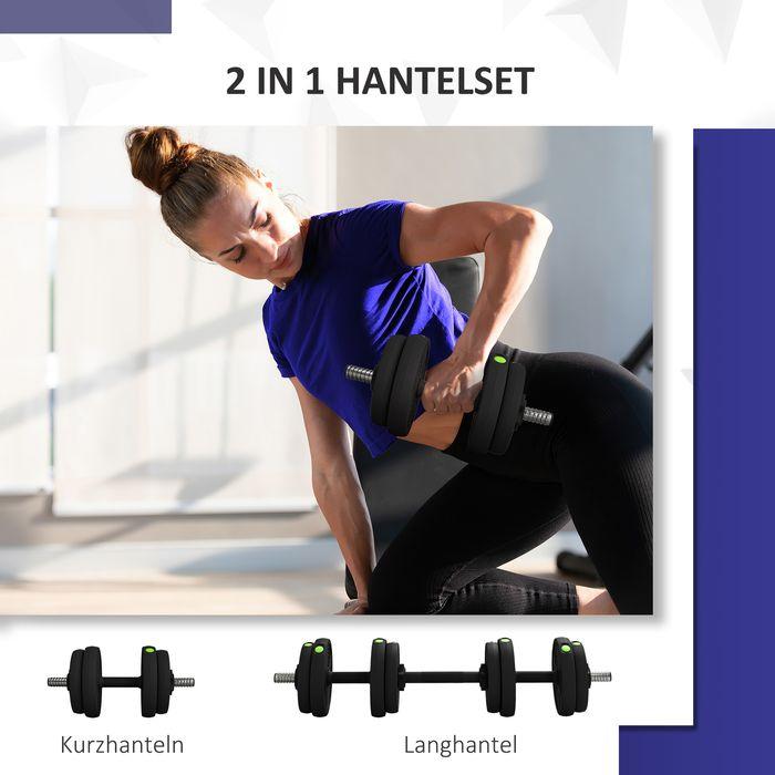 Produktbild Swisshandel24 2-in-1 Hantel-Set, Lang- & Kurzhantel, 15 kg, rutschfest, bodenschonend, Schwarz/Grün (4 x 2 kg, 4 x 1.5 kg)