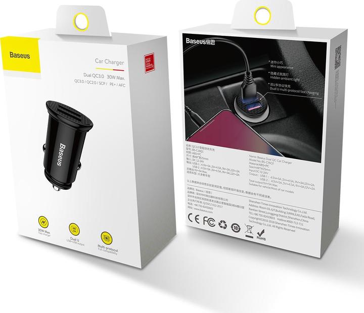 Image du produit Baseus Circular Plastic A+A 30W Dual QC3.0 Quick Car Charger(QC 3.0 SCP AFC) Black