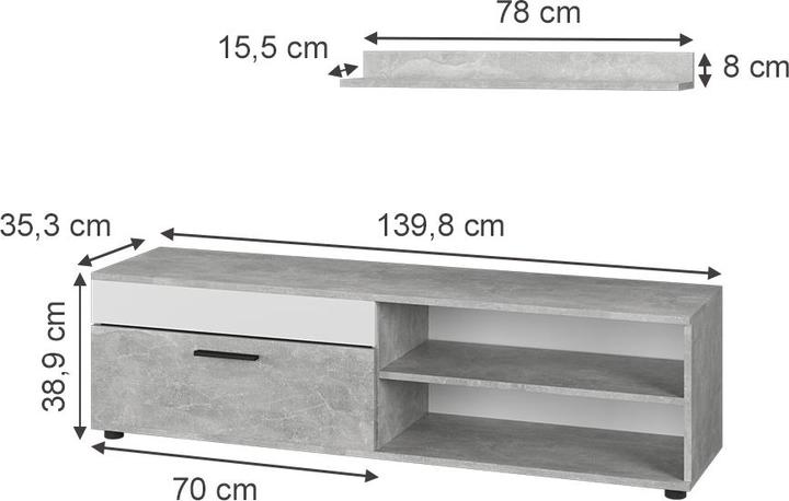 Produktbild Vichy Lowboard & Regal Berno, Beton/Weiss, mit 1 Klappe