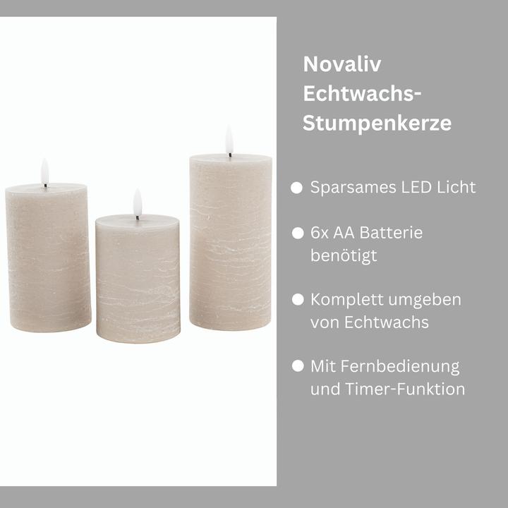 Produktbild Novaliv 3er Set Led Kerzen 7,5cm ø Kerze flackernde Flamme mit Fernbedingung GRAU TAUPE 15 cm + 12,5 cm + 10 (3 x)
