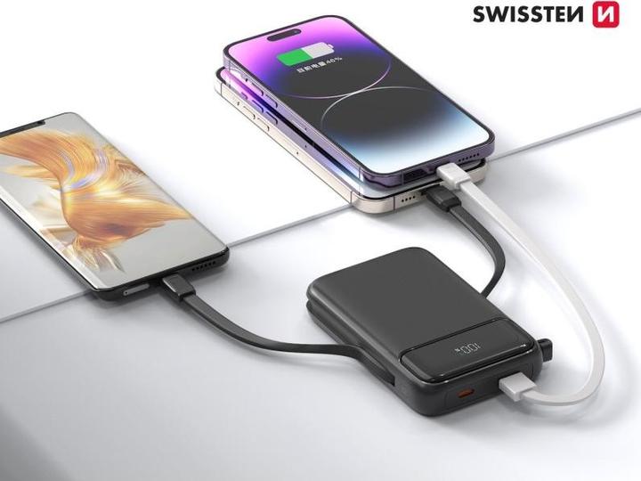 Produktbild Swissten Power Bank 10000 Mah 20W (Magsafe Compatible) with Built-In Cables USB-C And Lightning (10000 mAh, 22.50 W, 38.50 Wh)