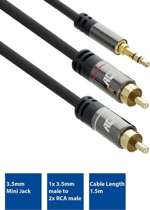 Productafbeelding 1,5 meter hoge kwaliteit audio verbindingskabel 1x 3,5 mm stereo jack male - 2x RCA male (1.50 m, 3,5 mm aansluiting (AUX))