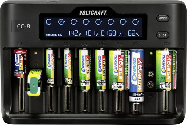 Actual product image Voltcraft CC-8 Round Cell Charger (1 pcs., 10340, 14500, 16340, 17500, 18490, 18500, 18650, 21700, 22650, 26500, 26650, Sub-C, A, 9V Block, AA, AAA, Chargers without battery)