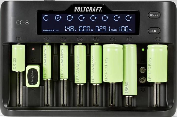 Actual product image Voltcraft CC-8 Round Cell Charger (1 pcs., 10340, 14500, 16340, 17500, 18490, 18500, 18650, 21700, 22650, 26500, 26650, Sub-C, A, 9V Block, AA, AAA, Chargers without battery)