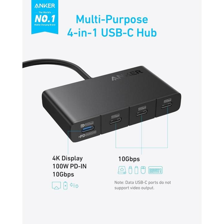 Image du produit Anker Hub 4 en 1 10Gbps USB-C Noir (USB-C, 4 Ports)